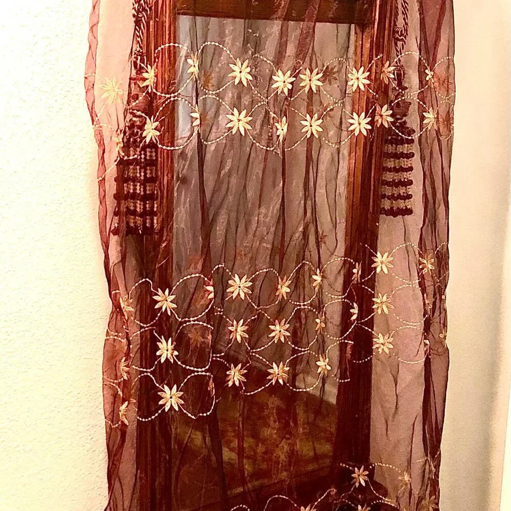 NWT ALEXANDRA'S ACCENTS Boho Embroidered Sheers Drapery Panels Burg\Gold 84x58